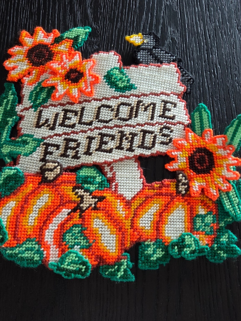 Handmade 'Welcome Friends' Autumn Cross-Stitch Wall Accent - Orange & Green